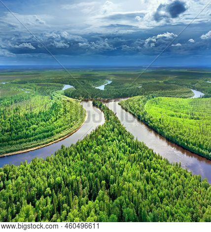 Bright Summer Landscape. Aerial Photography Of Landscape In Western Siberia. Agan River, Tributary O