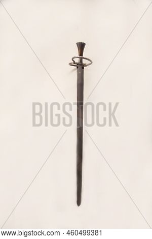 Small Steel Antique Landsknecht Sword With A Beautiful Handle Isolated On A White Background, German