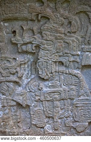 Carved Wall Of The Mayan Culture In The Ancient City Of Yaxchilan, Chiapas.