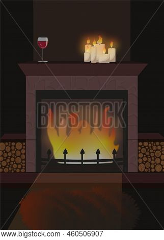 Home Interrior Chimney Fireplace Dark Light Wine Candles