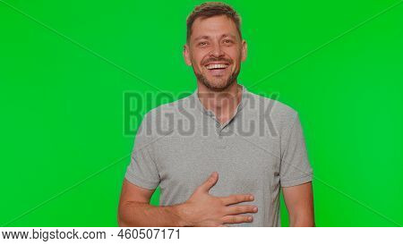 Bearded Young Man Laughing Out Loud After Hearing Ridiculous Anecdote, Funny Joke, Feeling Carefree 