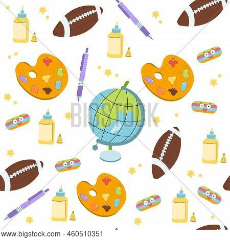 School Seamless Pattern. Supplies For Studying. Cute Vector Illustration In Flat Cartoon Style