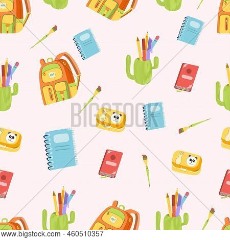 School Seamless Pattern. Supplies For Studying. Cute Vector Illustration In Flat Cartoon Style
