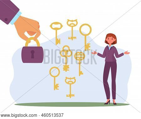 Finding Solutions In Various Ways, Directions And Solutions. Business Woman With Different Form Keys