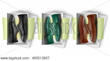 Shoes Box. Realistic Classic Male Footwear In Open Shoe Cardboard Packaging With Tissue Paper, Leath