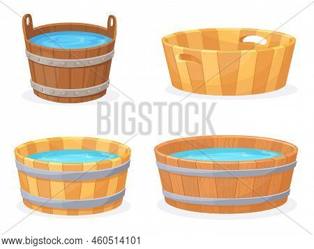 Cartoon Wooden Tub. Wood Vats With Hot Water, Rustic Baths Woodens Basins Round Handmade Bathtub For