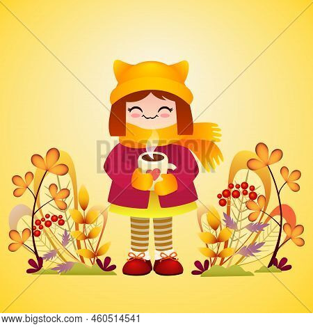 Cute Little Girl In Hat With Cat Ears With Cup Of Coffee In His Hands.  Autumn Illustration Greeting