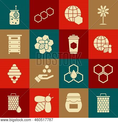 Set Honeycomb, Map Of The World And Bee, Bee Honeycomb, Hive For Bees, Jar Dipper Stick And Cup Tea 
