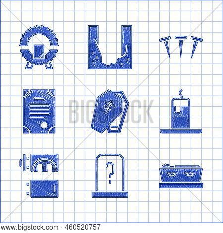 Set Coffin With Cross, Grave Tombstone, Dead, Burning Candle, Crematorium, Death Certificate, Metall