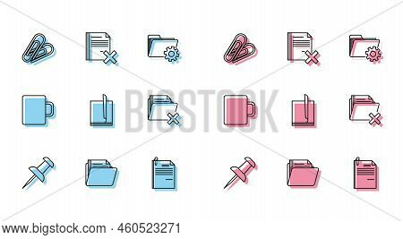 Set Line Push Pin, Document Folder, Paper Clip, File Document And Paper, Delete, Coffee Cup And File