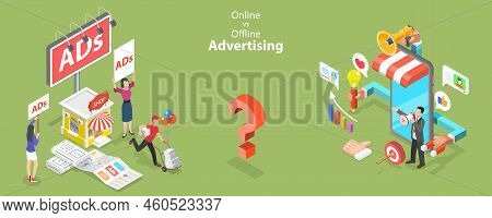 3d Isometric Flat Vector Conceptual Illustration Of Online Vs Offline Advertising, Inbound Versus Ou