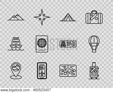 Set Line Map Pointer With Mountain, Tourist Tent, Smartphone Electronic Boarding Pass Airline Ticket