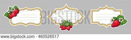 Strawberries vintage frame set. Ornamental fruit retro price tag. Authentic craft badges. Strawberry jam packaging label with copy sapace template. Eco product cover insignia. Farmers market sticker