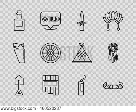 Set Line Shovel, Kayak Or Canoe And Paddle, Dagger, Pan Flute, Tequila Bottle, Old Wooden Wheel, Dyn