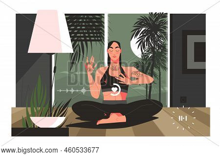 Woman Perform Breathing Training In Lotus Position Vector Illustration. Listen And Follow Voice Guid