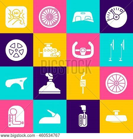 Set Car Mirror, Wheel, Windscreen Wiper, Windscreen, Engine, Gear Shifter And Sport Steering Icon. V