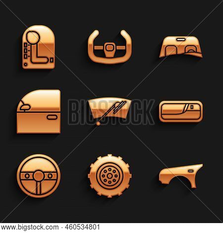 Set Windscreen Wiper, Car Wheel, Fender, Door Handle, Steering, Windscreen And Gear Shifter Icon. Ve