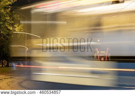 Moscow August 08 2022, Transport In The Metropolis Night, Night Tram Routes In Moscow. High Quality 