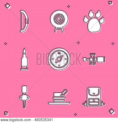 Set Bow, Target Sport, Paw Print, Bullet, Compass, Sniper Optical Sight, Torch Flame And Hunter Hat 