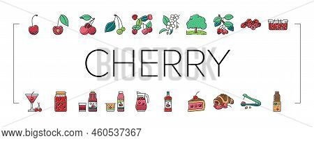 Cherry Vitamin Freshness Berry Icons Set Vector. Cherry Compote And Juice, Alcoholic Cocktail And Yo