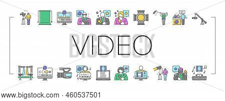 Video Production Film Studio Icons Set Vector. Movie Camera, Media Studio, Digital Profession Tv, Te