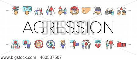 Violence First Aggressive Hand Icons Set Vector. Anger Conflict, Aggression Human Fight, Man People 