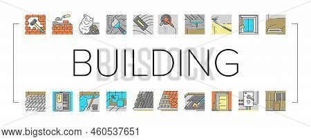 Construction Crane House Work Icons Set Vector. Building Industry, Civil Architecture, Build Worker 