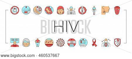 Hiv Aid Health Medical Ribbon Icons Set Vector. Blood Aids, Virus Aid, Medicine Cancer Care, Emergen