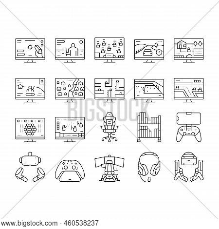 Video Game Electronic And Device Icons Set Vector. Racing Simulator And Simulation, Action And Adven