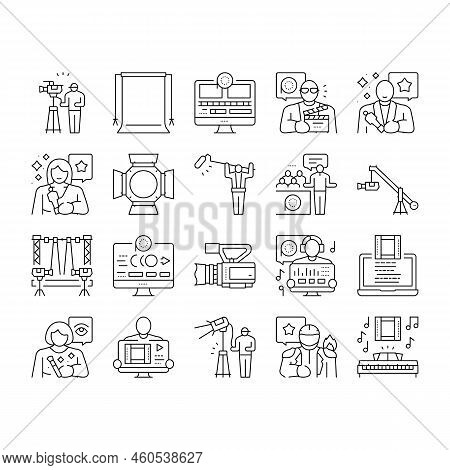 Video Production Film Studio Icons Set Vector. Movie Camera, Media Studio, Digital Profession Tv, Te