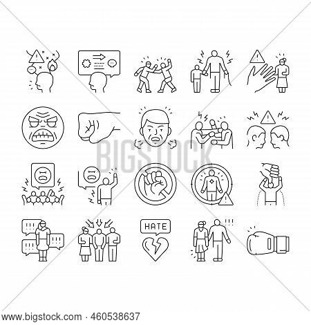 Violence First Aggressive Hand Icons Set Vector. Anger Conflict, Aggression Human Fight, Man People 