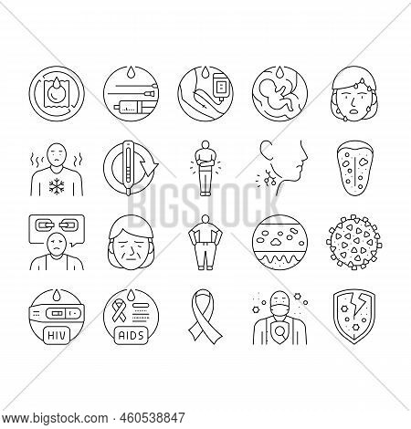 Hiv Aid Health Medical Ribbon Icons Set Vector. Blood Aids, Virus Aid, Medicine Cancer Care, Emergen
