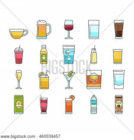 Beverage Drink Juice Fresh Water Icons Set Vector. Ice Tea, Fruit Ad Splash, Lemon Glass Soda, Cold 