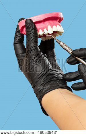 Dentists Hands With Layout Of Human Jaw And Midical Tool.