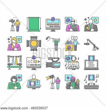 Video Production Film Studio Icons Set Vector. Movie Camera, Media Studio, Digital Profession Tv, Te