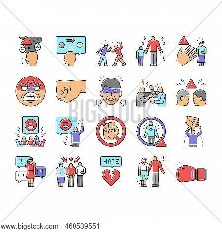 Violence First Aggressive Hand Icons Set Vector. Anger Conflict, Aggression Human Fight, Man People 