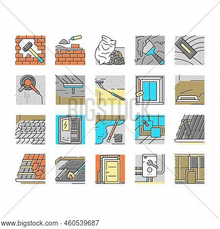 Construction Crane House Work Icons Set Vector. Building Industry, Civil Architecture, Build Worker 
