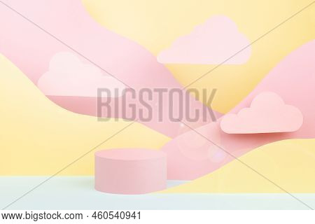 Circle Pink Podium Mockup, Abstract Mountain Landscape - Pink, Yellow, Mint Color Slopes, Sunbeam Gl