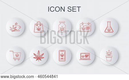 Set Line Marijuana Plant In Pot, Shopping Cart With Marijuana, Medical Bottle, Online Buying, Cup Te