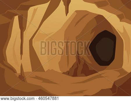 Buffy Stone Cave With Dark Brown Entrance To Tunnel Flat Style, Vector Illustration