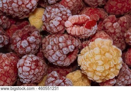 Frozen Raspberries Close-up. Raspberries Are Red And Yellow After Freezing. Berries In Frost. Frozen