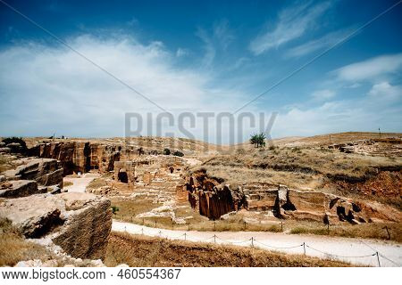 Dara Historical Ancient Fortress City. Mesopotamia Ruins. Mardin ,turkey. Wide Angle With Blue Sky