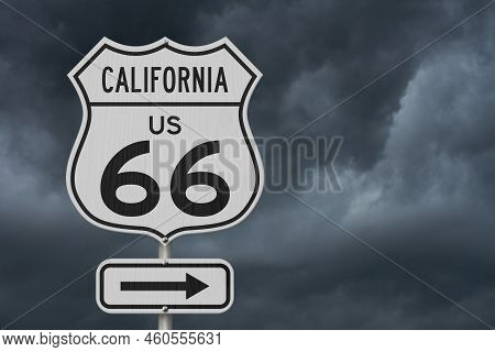 California Us Route 66 Road Trip Usa Highway Road Sign Sign With Stormy Sky Background 3d Illustrati
