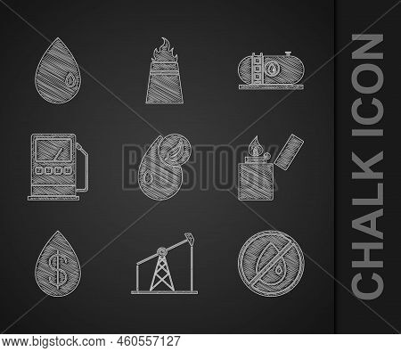 Set Bio Fuel, Oil Pump Or Pump Jack, No Oil Drop, Lighter, With Dollar, Petrol Gas Station, Industri