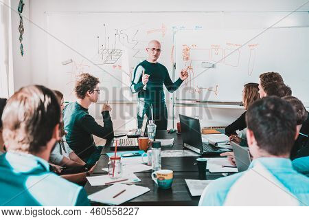 Informal It Business Startup Company Meeting. Team Leader Discussing And Brainstorming New Project A