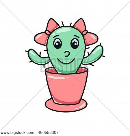 Character Cactus Girl With Bows. Cute Cartoon Plant In Pot. Girly Image. Potted Cute Smiling Image I