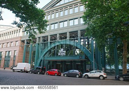 Molenbeek Brussel, Brabant, Belgium 06 17 2022 Streetview On The Entrance Of Headquarters Of Kbc Ban