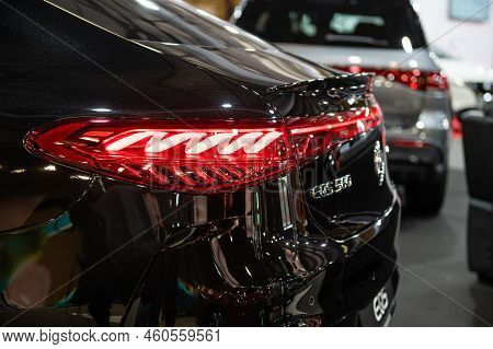 Riga, Latvia, April 29, 2022: Led Rear Lights And Design Close-up Of  Luxury, Fully Electric Mercede