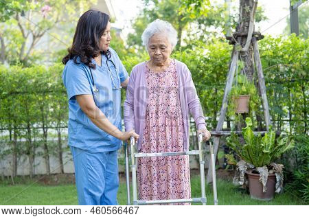 Doctor Help And Care Asian Senior Or Elderly Old Lady Woman Use Walker With Strong Health While Walk