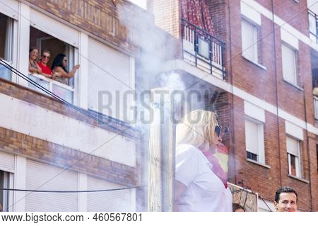 Running Of The Bulls. Bulls. Bull Runs. Encierro That Is Celebrated In The Town Of San Sebastian De 